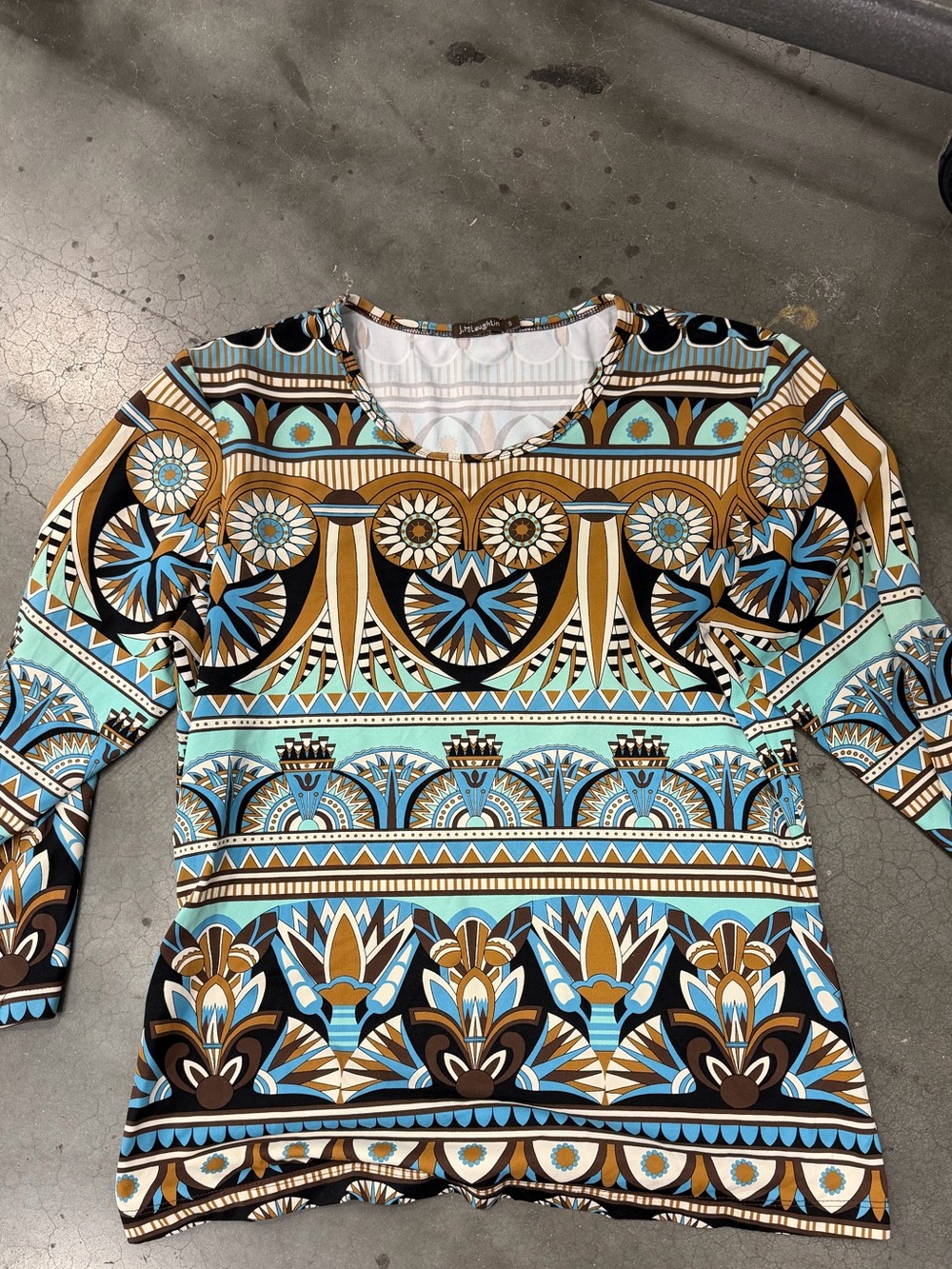 J. McLaughlin Long Sleeve Geometric Print Tee in Teal, Brown and Black